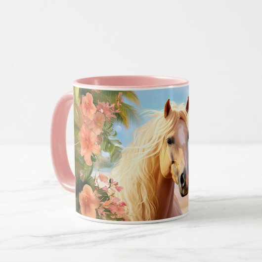 Roze Hibiscus Strand Palomino Paardenkoffie Mok (Voorkant links)