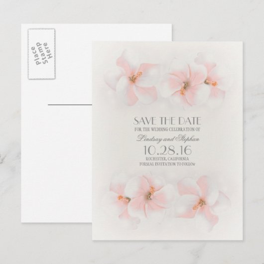 Roze hibiscus strand save the date briefkaarten (Voorkant / Achterkant)