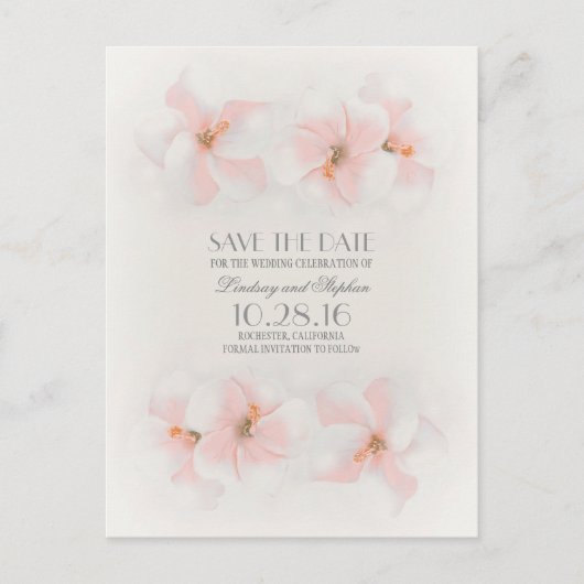 Roze hibiscus strand save the date briefkaarten (Voorkant)