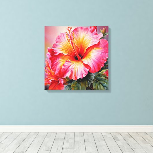 roze Hibiscus Stretched Canvas Print (Insitu (Houten vloer))