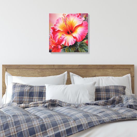 roze Hibiscus Stretched Canvas Print (Insitu (Slaapkamer))