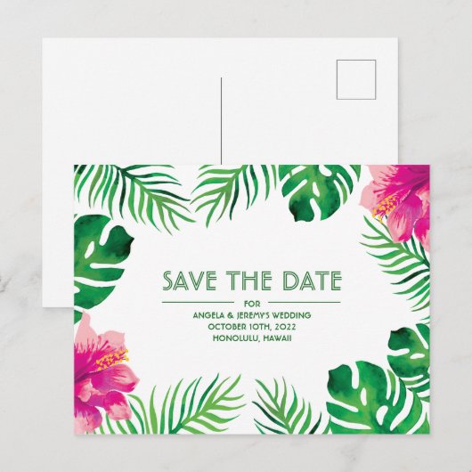 Roze Hibiscus Tropical Save the Date Briefkaart (Voorkant / Achterkant)