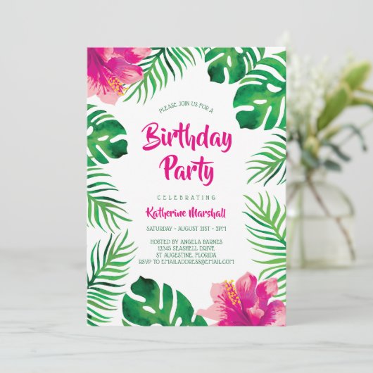 Roze Hibiscus Tropical verlaat verjaardagsfeestje Kaart (Staand voorkant)
