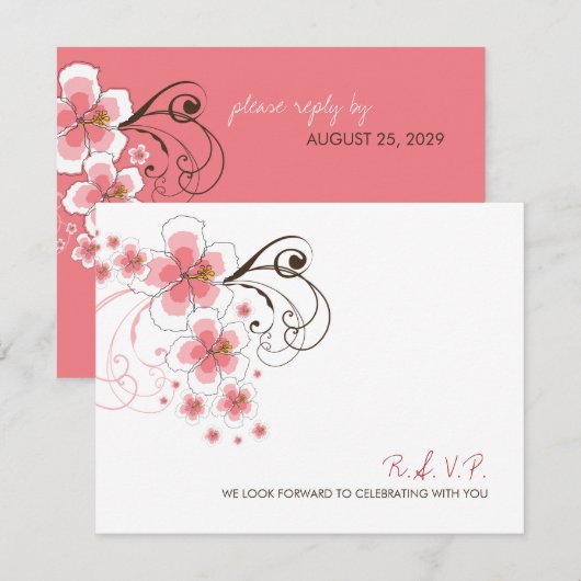 Roze Hibiscus Tropisch Strand Bruiloft RSVP-kaart Kaart (Voorkant / Achterkant)