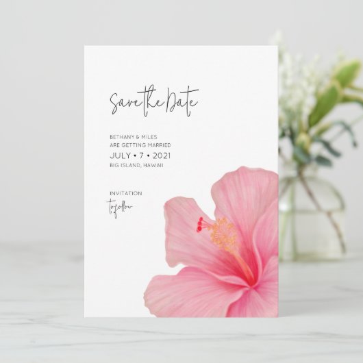 Roze Hibiscus · Tropische bloei · Bestemming Save The Date (Staand voorkant)