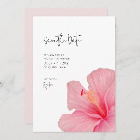 Roze Hibiscus · Tropische bloei · Bestemming Save The Date (Voorkant / Achterkant)