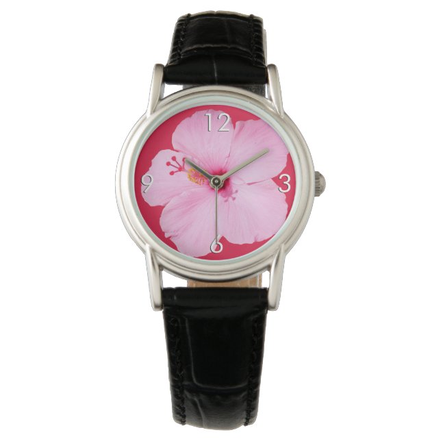 Roze Hibiscus Tropische Bloem Horloge (Voorkant)