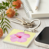 Roze Hibiscus Tropische Bloem Sleutelhanger (Voorkant Rechts)