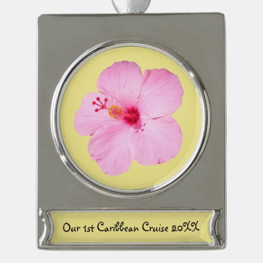 Roze Hibiscus Tropische Bloem Verzilverd Banner Ornament (Voorkant)
