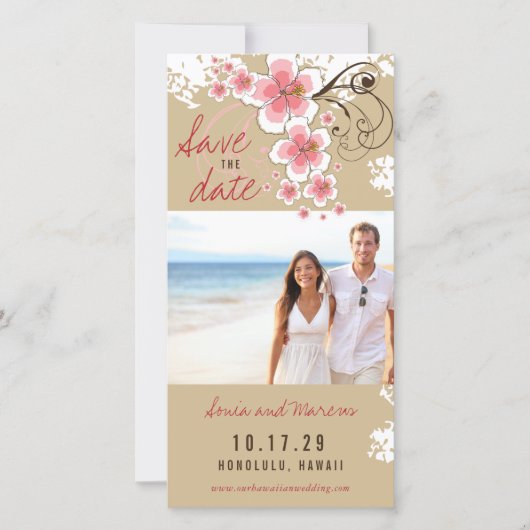 Roze Hibiscus Tropische bruiloft foto Save The Dat Date (Voorkant)