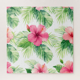 Roze Hibiscus Tropische Palm Aquarel Legpuzzel