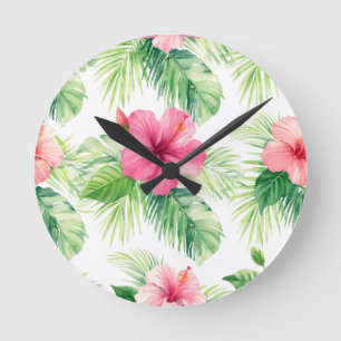 Roze Hibiscus Tropische Palm Aquarel Ronde Klok