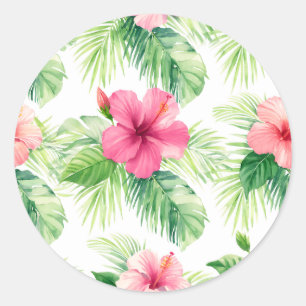Roze Hibiscus Tropische Palm Aquarel Ronde Sticker