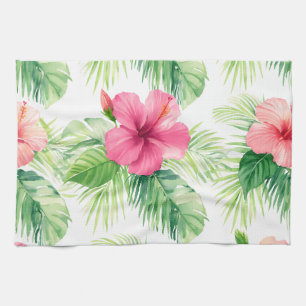 Roze Hibiscus Tropische Palm Aquarel Theedoek