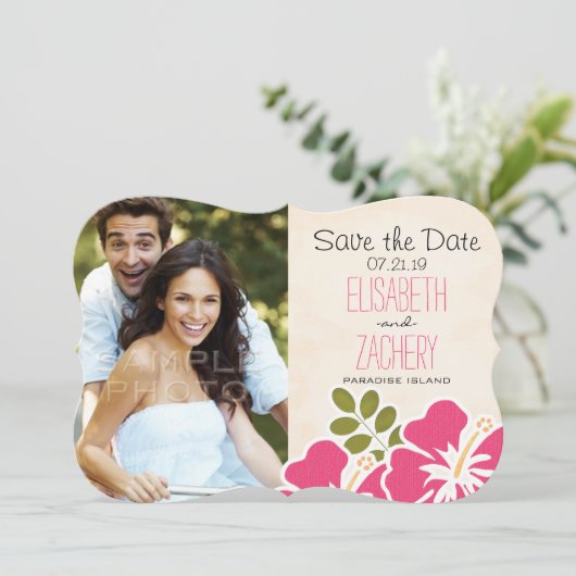 Roze Hibiscus Tropische Thema Bewaar de Datum Kaar Save The Date (Staand voorkant)