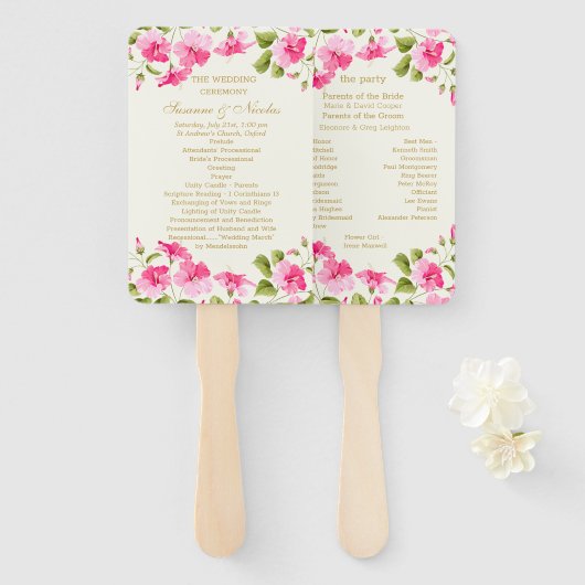 Roze Hibiscus Trouwprogramma Handwaaier (Voorkant en achterkant)