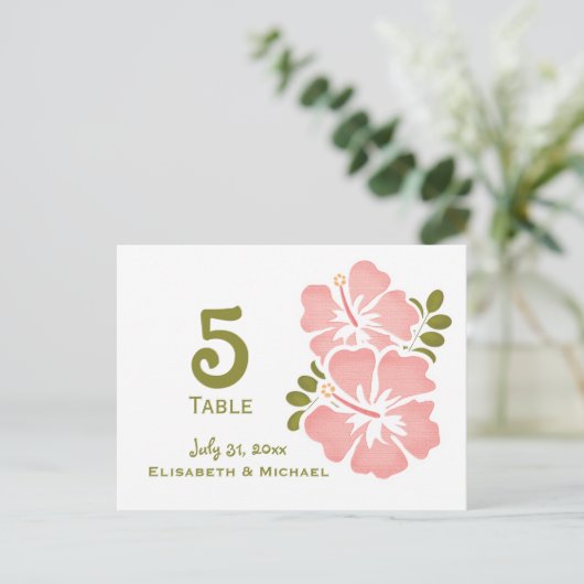 Roze Hibiscus Trouwreceptie Tafelnummer Kaart (Staand voorkant)