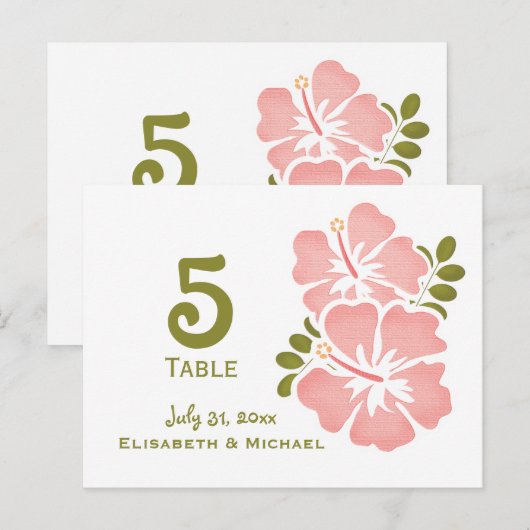 Roze Hibiscus Trouwreceptie Tafelnummer Kaart (Voorkant / Achterkant)