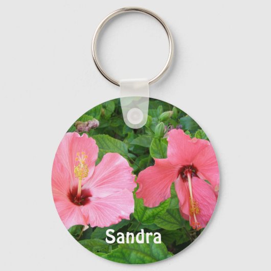Roze Hibiscus Voeg een naam toe Sleutelhanger (Voorkant)