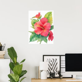 Roze Hibiscus Waterverf Bloem Poster