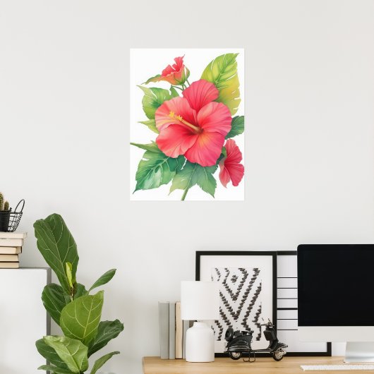 Roze Hibiscus Waterverf Bloem Poster (Thuiskantoor)