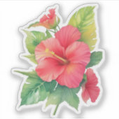 Roze Hibiscus Waterverf Bloem Sticker (Voorkant)