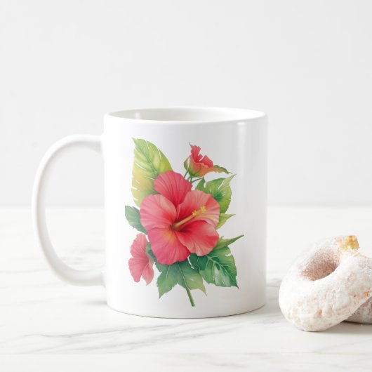 Roze Hibiscus Waterverf Flowers Koffiemok (Met donut)