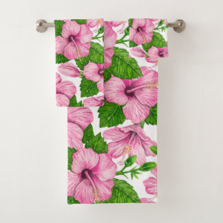 Roze hibiscus waterverf patroon bad handdoek