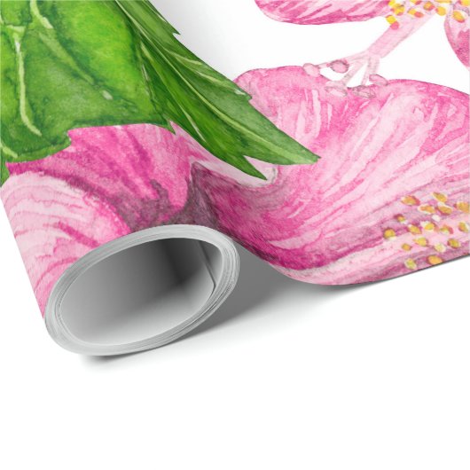 Roze hibiscus waterverf patroon cadeaupapier (Rol Hoek)