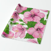 Roze hibiscus waterverf patroon cadeaupapier (Uitgerold)