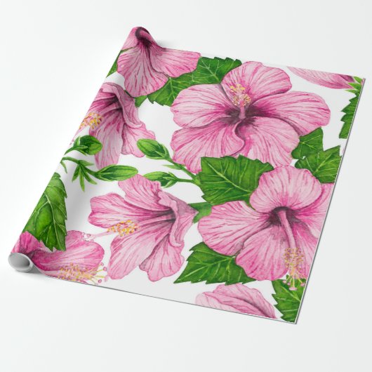 Roze hibiscus waterverf patroon cadeaupapier (Uitgerold)