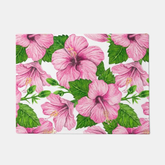 Roze hibiscus waterverf patroon deurmat (Voorkant)