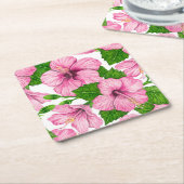 Roze hibiscus waterverf patroon kartonnen onderzetters (Schuin)