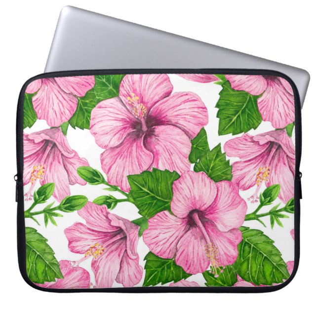Roze hibiscus waterverf patroon laptop sleeve (Voorkant)