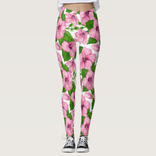 Roze hibiscus waterverf patroon leggings