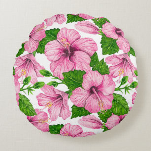 Roze hibiscus waterverf patroon rond kussen