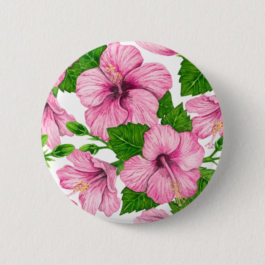 Roze hibiscus waterverf patroon ronde button 5,7 cm (Voorkant)