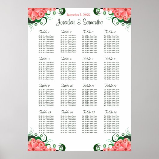 Roze Hibiscus Wedding 16 tafels Zitkaarten Poster (Voorkant)