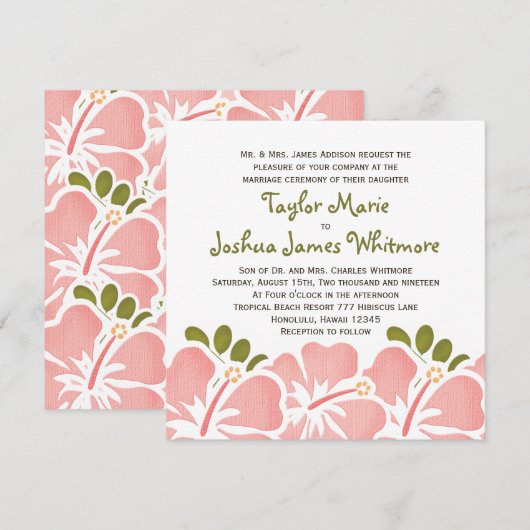 Roze hibiscus Wedding Invitting Kaart (Voorkant / Achterkant)
