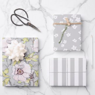 Roze Hibiscus Wilde Bloem Grijs Witte Streep Inpakpapier Vel