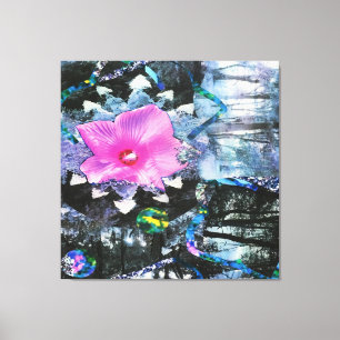 Roze Hibiscus Zwart en Wit Landschap Collage Canvas Afdruk
