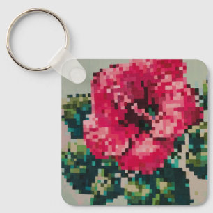 Roze hibiscusbloem in pixelart sleutelhanger