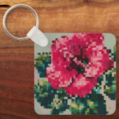 Roze hibiscusbloem in pixelart sleutelhanger (Voorkant)