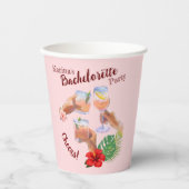 Roze hibiscusbloem palmenbladeren strandfeestje papieren bekers (Voorkant)