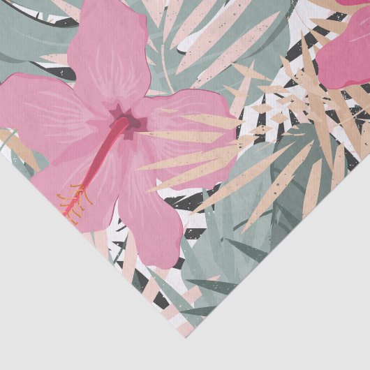 Roze Hibiscusbloemen en grote tropische bladeren Tissuepapier (Detail)