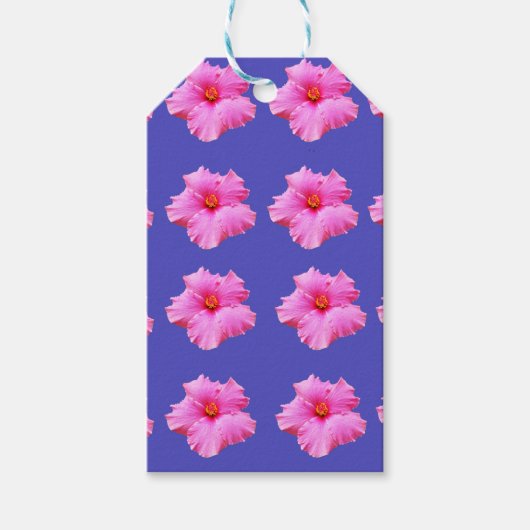Roze hibiscusbloemen op paars cadeaulabel (Voorkant)