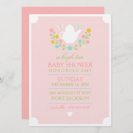 Roze High Tea Baby shower uitnodiging (Voorkant / Achterkant)