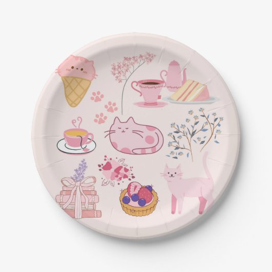 Roze High Tea Katten Papieren Bordje (Voorkant)