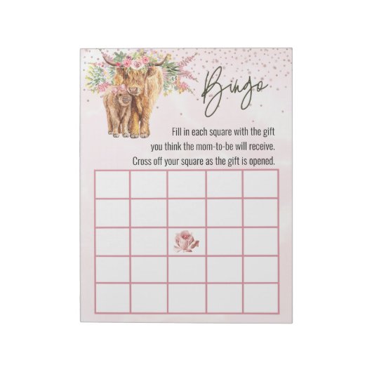 Roze Highland Koe Baby shower Bingo Bingo Blocnote (Linkerzijde)