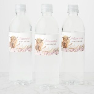 Roze Highland Koe Baby Shower  Waterfles Etiket